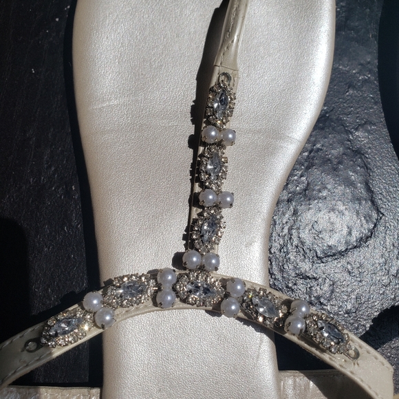 Davids Bridal White Pearl and Crystal T Strap Sandals - Picture 2 of 6